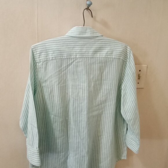 Chaps Sz M green white striped Linen Cotton Blend Blouse button up - Picture 3 of 4